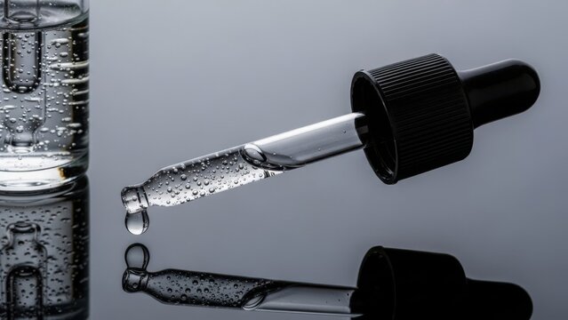 Close-up of a glass dropper with clear liquid and air bubbles, dripping a single drop, on a grey surface - Powered by Adobe