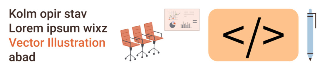 Business workflow, coding, technology, workplace setup, teamwork, and data . Contains a code symbol, chairs a pen and a chart. Business workflow and coding concept