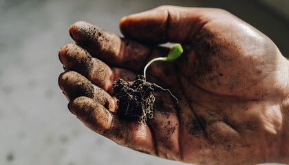 Close-up of a dirty hand holding a small seedling with soil and a green sprout