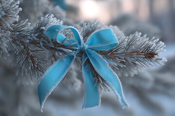 Icy winter beauty a light blue ribbon tied on a frosty pine branch sparkles in the cold, creating a festive, peaceful and calming holiday scene