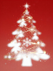 Abstract Red Christmas Tree with Motion Blur and Gold Ornaments and Floating Snowflakes