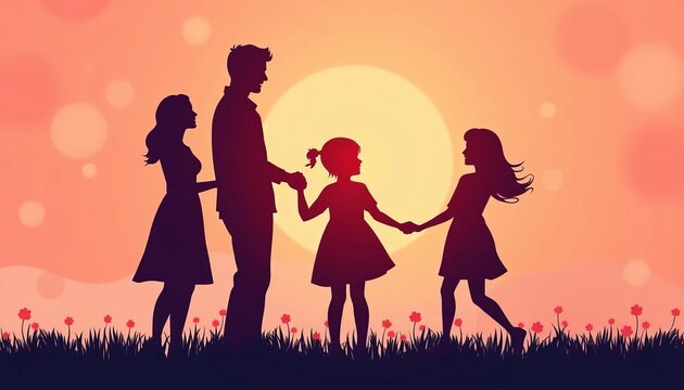 Abstract vector illustration of family silhouettes, celebrating Mother's Day Back view, happy, joyful mood, child, silhouette art - Powered by Adobe