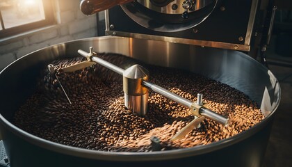 Artisan coffee beans undergoing the transformative roasting process in an industrial machine, enhancing aromatic quality