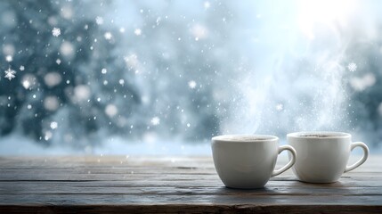 雪景色を背景に置かれたカップのある空間