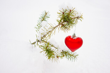 Tiny christmas tree with red heart ornament in the snow outdoors
