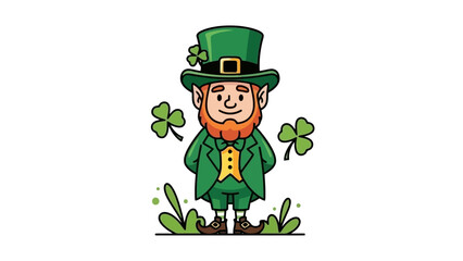A cheerful Irish leprechaun illustration with a red beard, green costume, and lucky clovers for a holiday celebration