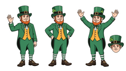 Collection of a cheerful Irish leprechaun character in a green suit and top hat, mascot design set for St. Patrick's Day holiday greetings