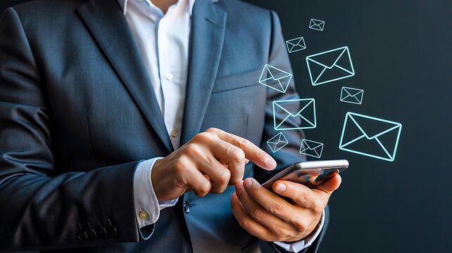 Businessman using smartphone with digital email communication icons