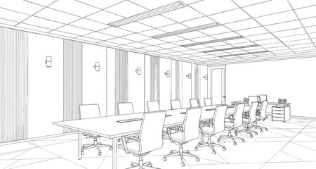 Detailed wireframe outline drawing of a large corporate boardroom with a long table, rolling chairs, and contemporary interior design, symbolizing business meetings, conference, and strategy