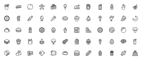 Food and drinks icon set. Vector illustration. Inclues symbols for pizza, burgr, sushi, ice cream, cake,soda, sandwich, avocado, seak, candy and more. Editale stroke.
