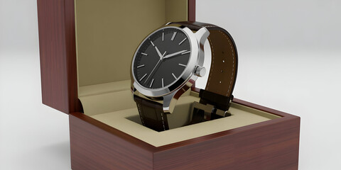 Wristwatch in box close-up with brown leather strap and black face.