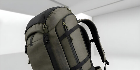 Hiking backpack in neutral olive and black with zippers and straps.