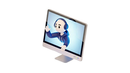 Cartoon character with headphones waving from a computer screen isolated on a white background with pixelated details and a blue hoodie representing digital communication and technology