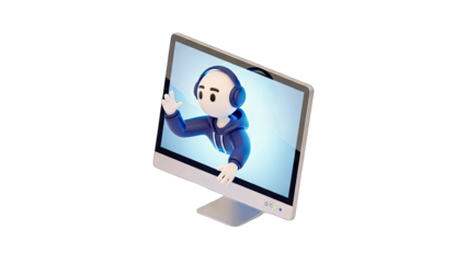 Cartoon character with headphones waving from a computer screen isolated on a white background with pixelated details and a blue hoodie representing digital communication and technology