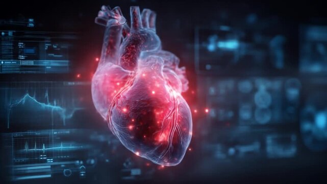 A luminous, anatomically styled heart glows red as neon datastreams circle translucent displays now