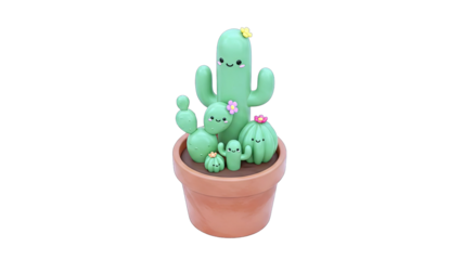 Charming Cartoon Cactus Family with Flowers in Terracotta Pot Isolated on White Background Whimsical Desert Plants with Happy Faces and Soft Green Hues Simple Adorable Nature Illustration