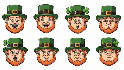 Collection of Cartoon Leprechaun Faces with Various Expressions, Wearing Green Hats with Shamrocks