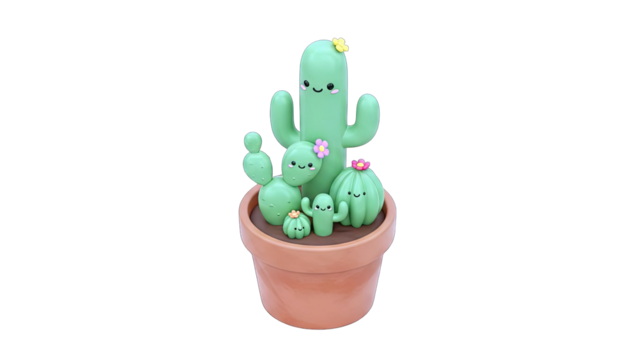 Charming Cartoon Cactus Family with Flowers in Terracotta Pot Isolated on White Background Whimsical Desert Plants with Happy Faces and Soft Green Hues Simple Adorable Nature Illustration