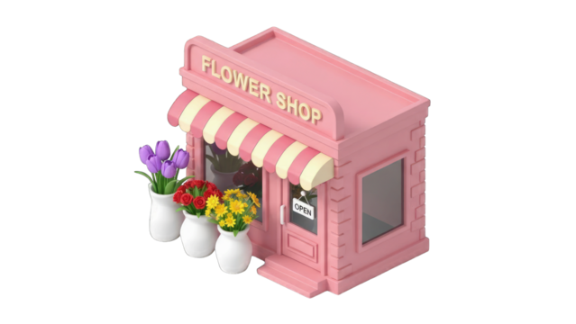 Charming Pink Isometric Flower Shop Building with Colorful Blooms and Striped Awning on Transparent Background