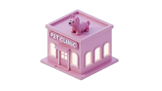 Charming Pink Pet Clinic Building Isometric 3D Render with Adorable Pink Dog Figurine on Rooftop Soft Ambient Lighting Subtle Details Elegant Design Optimized for Stock Photo