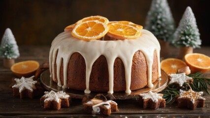 Decorated Christmas bundt cake with golden icing, orange slices, and festive decorations on a dark wooden table.