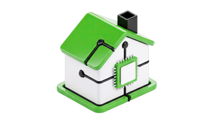 Digital Futuristic House Icon with Green Roof and Integrated Circuit Design on Transparent Background Represents Smart Home Technology and Connectivity