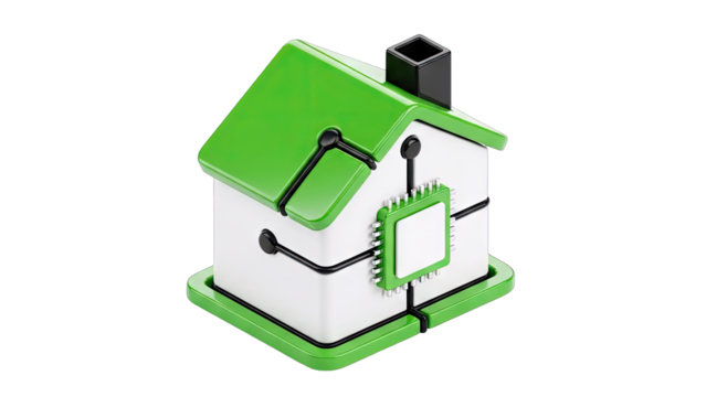 Digital Futuristic House Icon with Green Roof and Integrated Circuit Design on Transparent Background Represents Smart Home Technology and Connectivity