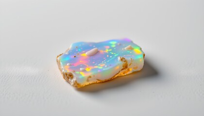 An image shows a single candy like object with a translucent yellow hue, speckled with numerous tiny dots that resemble a galaxy, resting on a white surface next to a gray textured background.