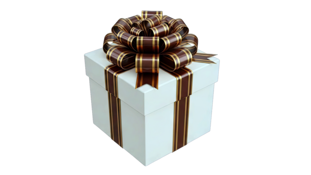 Elegant White Gift Box With Chocolate Brown Ribbon And Gold Trim Bow Tied Securely For Presentation On A Transparent Background