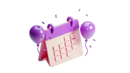 Festive Calendar Displaying Upcoming Event With Purple Balloons And Confetti Floating In The Air On A Transparent Background