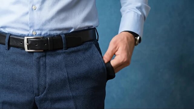 Professional Man's Hand in Empty Pocket, Representing Financial Hardship, Debt, Budgeting, or Economic Challenges, Against a Blue Background
