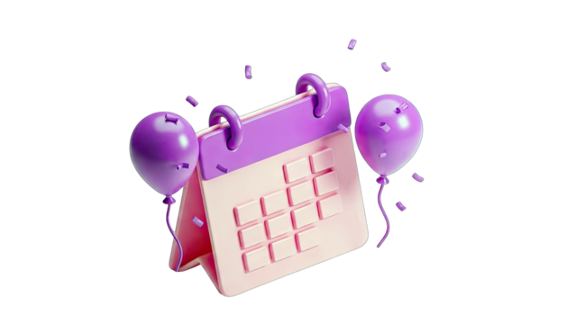 Festive Calendar Displaying Upcoming Event With Purple Balloons And Confetti Floating In The Air On A Transparent Background