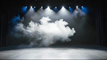 Empty stage with blue lighting and smoke effect. Curtains frame the stage.