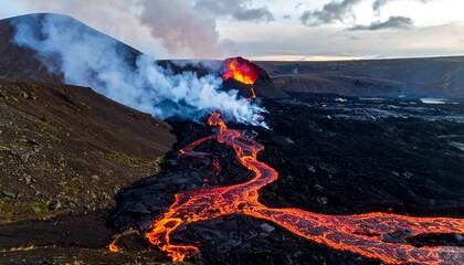 Aerial view of a volcanic eruption, with flowing lava and steam