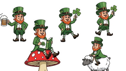 Set of five vibrant cartoon leprechaun characters illustrating Irish folklore and good luck themes, depicted enjoying beer, holding a shamrock, reading, waving, and riding a sheep