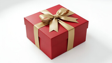 Fototapeta premium Red Christmas Gift Box with Golden Ribbon and Bow, Isolated Festive Present on a White Background, Holiday Season Luxury Gift Package, Beautifully Wrapped Christmas Surprise, Simple Red Box with Gold 