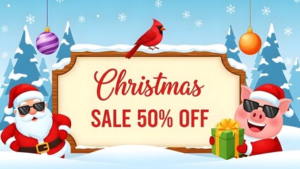 Festive christmas sale banner with santa claus pig wearing sunglasses and cardinal bird on snowy background advertising fifty percent discount