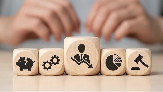 Business Strategy & Risk Management: Financial Planning, Economic Challenges, and Legal Aspects Represented by Icons on Wooden Blocks