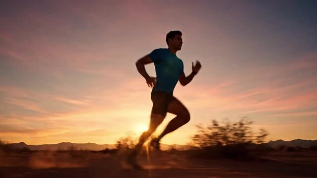 Silhouette of a determined athletic man running through the desert at sunset, a powerful depiction of endurance, health, and motivation