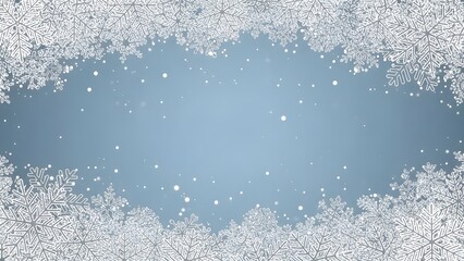 Beautiful winter background frame made of frost and snowflakes border on a soft blue gradient sky with falling snow, perfect for holiday greeting card design or seasonal advertisement