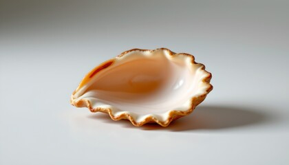 A single seashell rests on a white surface, its patterned interior contrasting with the smooth exterior.