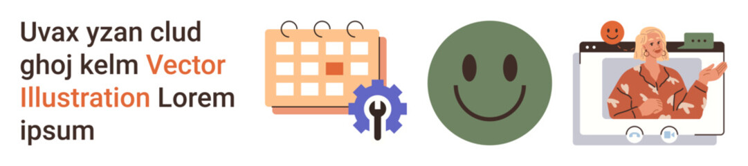 Fototapeta premium Time management, technical support, emotional well-being, video conferencing, online tutorials, communication tools. A calendar, gear symbol happy face and a person on video chat. Time management