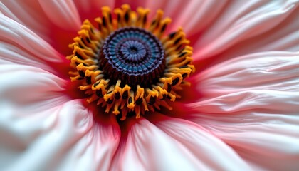 A close up view of a vibrant flower with its center showcasing a pattern of yellow stamens radiating from a black disc, enclosed within the large petals that exhibit a mix of red and white hues