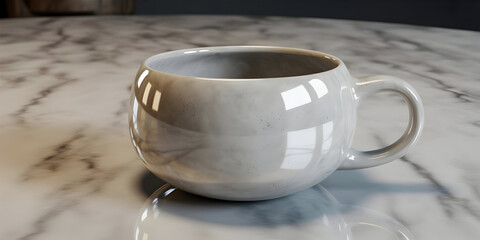 Clean white coffee mug on a marble surface, soft lighting, reflections.
