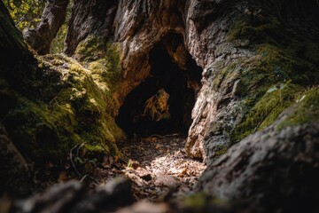 Cavity in a Hollowed-Out Ancient Oak Tree Entrance with Mossy Bark
