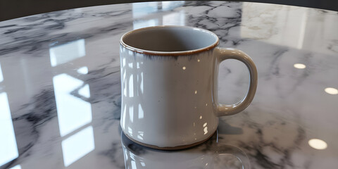 Elegant cream mug with brown rim on a marble surface photo.
