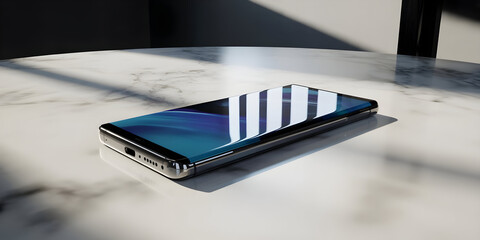 Modern smartphone laying on a stylish marble table reflecting light.