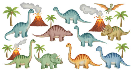 Obraz premium A delightful watercolor set of cute cartoon dinosaurs like brachiosaurus and triceratops in a prehistoric landscape with volcanoes.
