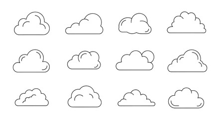 Obraz premium A collection of twelve different cloud shapes presented in a simple and clean black and white line art icon style.