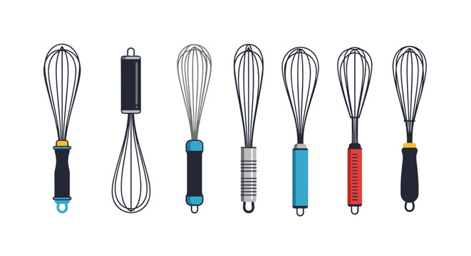 A collection of seven different kitchen whisks with various handle designs and colors in a flat cartoon vector illustration style.